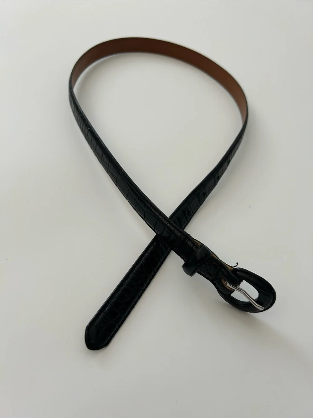 VTG Lauren Ralph Lauren Leather Belt Black Alligator Embossed .75” 3/4” Skinny